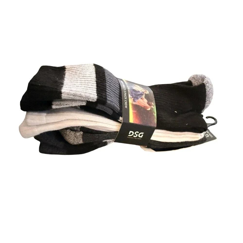 DSG Crew Socks Multi Color Size Large Men’s 8-13 3 Pairs White Black Gray New